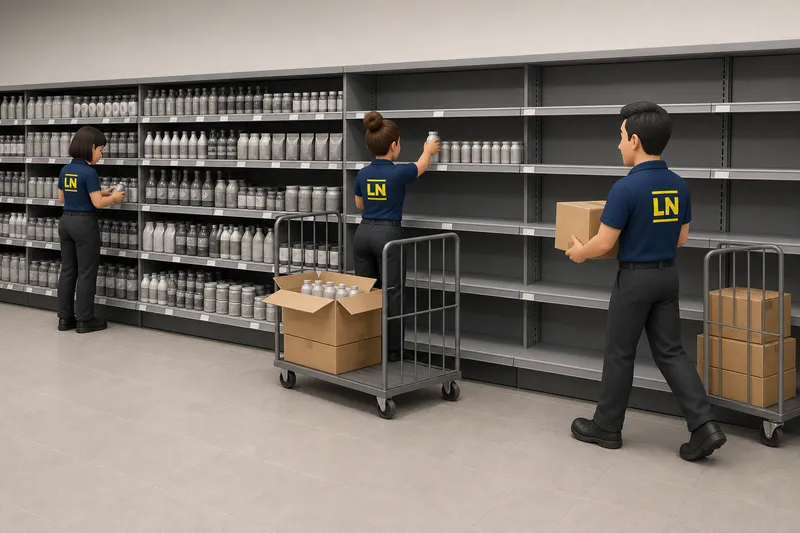 Illustration: Drei Mitarbeiter bestücken einen neuen Supermarktgang