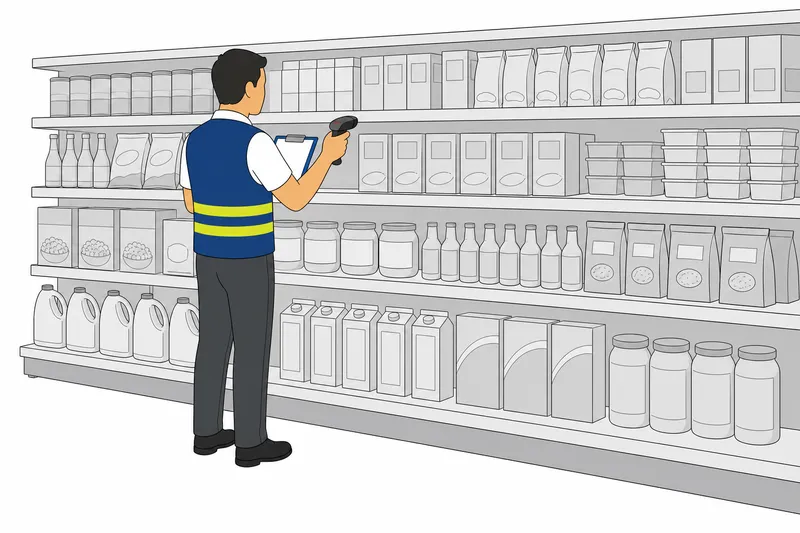 Illustration: Mitarbeiter kontrolliert Regalbestände mit Scanner und Klemmbrett