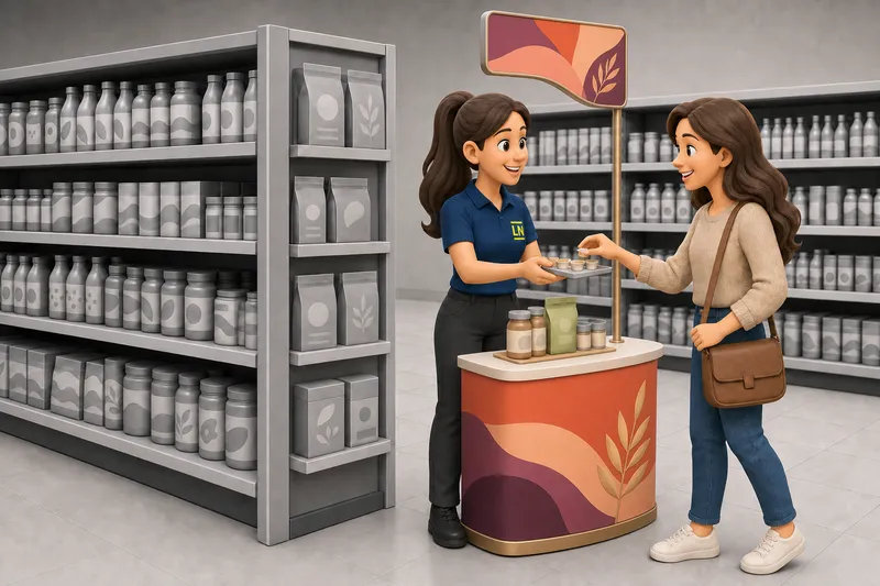 Illustration: Mitarbeiterin bietet an einem Verkostungsstand eine Produktprobe an