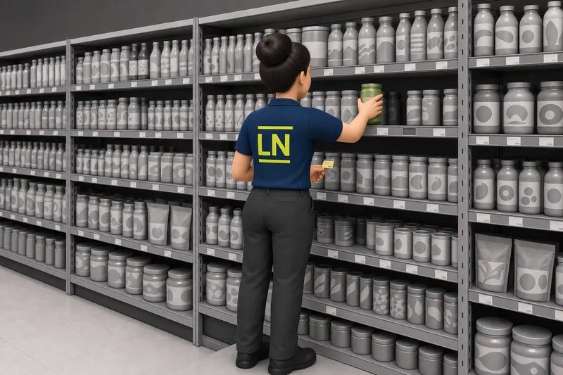 Illustration: Mitarbeiter richtet Produkte im Supermarktregal aus