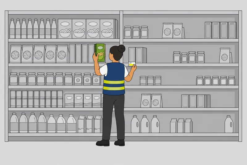 Illustration: Mitarbeiter richtet Produkte im Supermarktregal aus