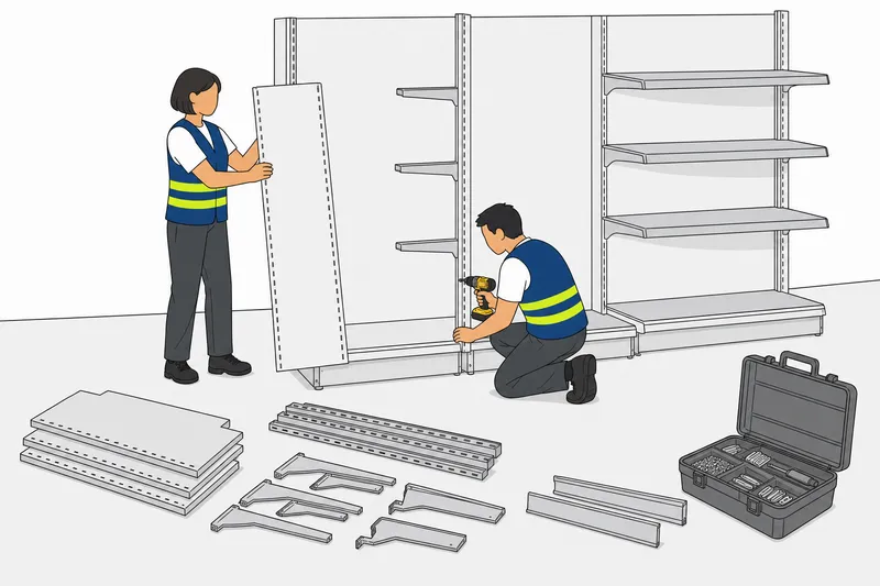 Illustration: Zwei Mitarbeiter bauen ein Supermarktregal um