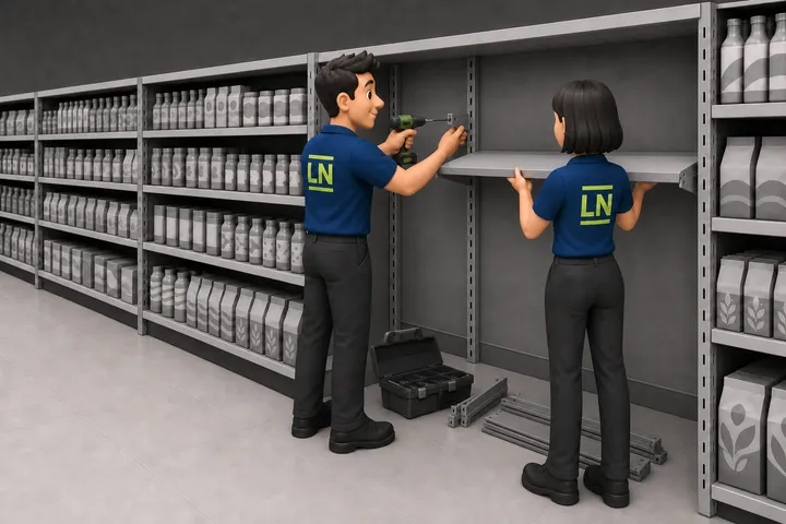 Illustration: Zwei Mitarbeiter bauen ein Supermarktregal um