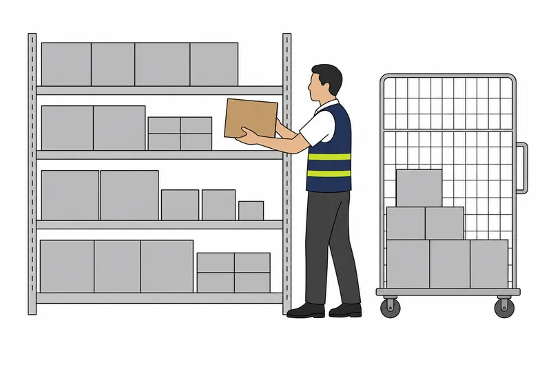 Illustration: Mitarbeiter räumt Kartons vom Rollcontainer ins Regal