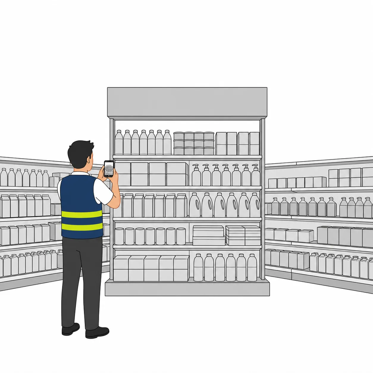 Illustration: Mitarbeiter fotografiert einen fertig aufgebauten Aktionsstand