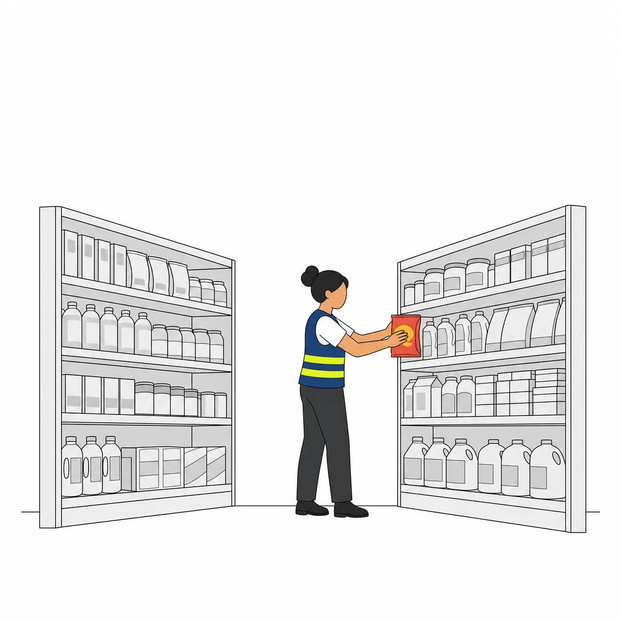 Illustration: Supermarktgang mit Mitarbeiter in der Ferne