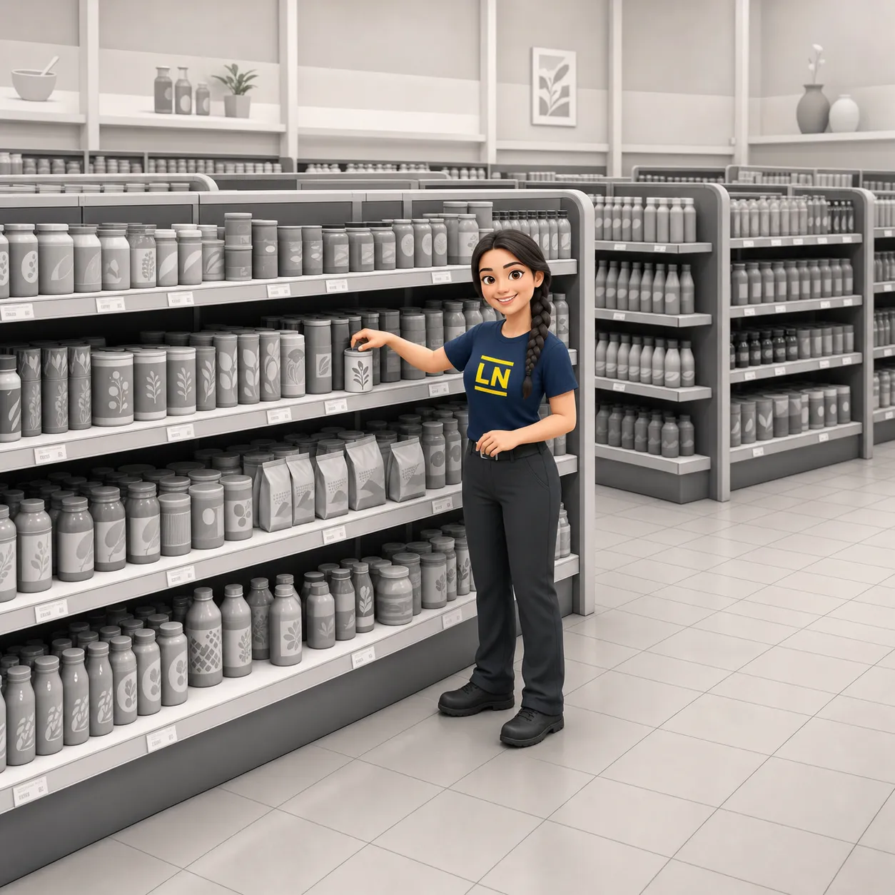 Illustration: Supermarktgang mit Mitarbeiter in der Ferne