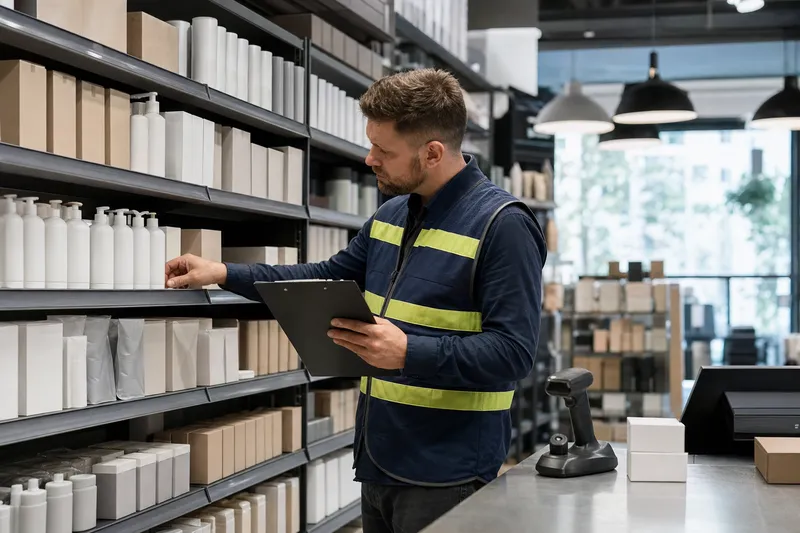Mitarbeiter kontrolliert den Warenbestand