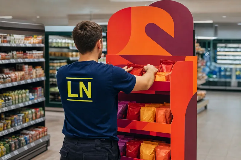 Mitarbeiterin richtet einen Aktionsaufbau ein