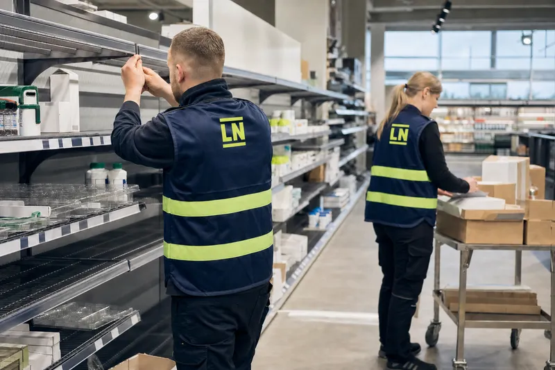 Zwei Mitarbeiter beim Umbau eines Verkaufsregals